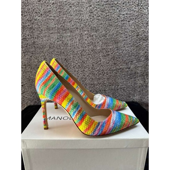 Manolo‎ Blahnik Bb Fabric 105mm Slip On Pumps Striped Rainbow Womens Size 38 EU - Picture 4 of 9